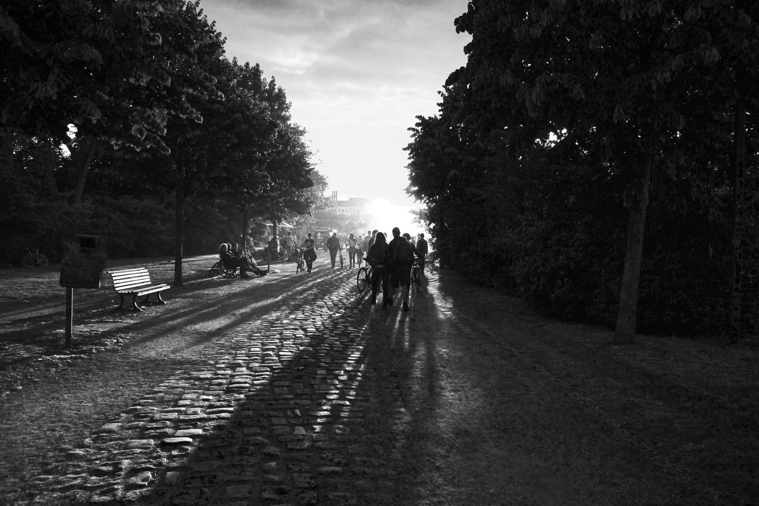 Tree-lined park path with people walking and sitting on benches in Berlin Kreuzberg